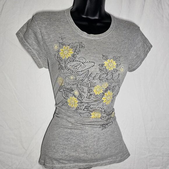 Vintage 2000s grey guess floral rhinestone baby tee - Picture 1 of 5